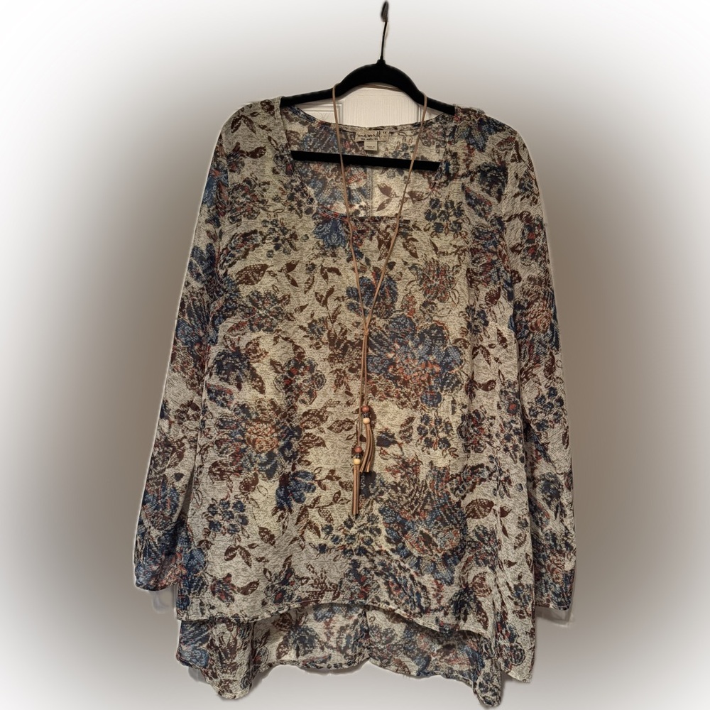 3 pc ONE WORLD Sz 1X Blue Cream Brown Floral Blouse w/ lime green tank, necklace